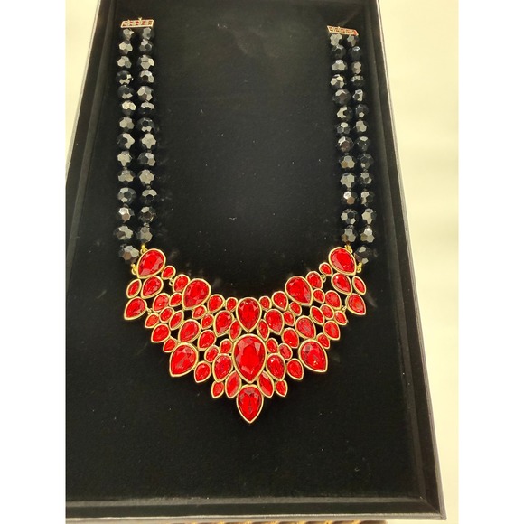 Heidi Daus Jewelry - Heidi Daus Red Crystal Bib Statement Necklace Blk Beaded Double Strand Gold Tone